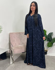 Mira Navy Modest Abaya Dress With V-Neck And Floral Design