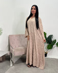 Mira Beige Modest Abaya Dress With V-Neck And Floral Design