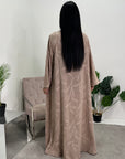 Mira Beige Modest Abaya Dress With V-Neck And Floral Design