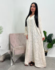Mira Cream Modest Abaya Dress With V-Neck And Floral Design