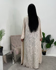 Mira Cream Modest Abaya Dress With V-Neck And Floral Design