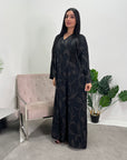 Mira Black Modest Abaya Dress With V-Neck And Floral Design
