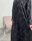 Mira Black Modest Abaya Dress With V-Neck And Floral Design
