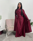 Seema Wine Satin Modest Dress With Cape Sleeves And Front Gathering