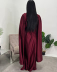 Seema Wine Satin Modest Dress With Cape Sleeves And Front Gathering