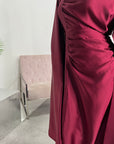 Seema Wine Satin Modest Dress With Cape Sleeves And Front Gathering