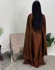 Seema Chocolate Satin Modest Dress With Cape Sleeves And Front Gathering