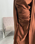 Seema Chocolate Satin Modest Dress With Cape Sleeves And Front Gathering