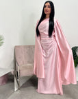 Seema Pink Satin Modest Dress With Cape Sleeves And Front Gathering