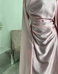 Seema Pink Satin Modest Dress With Cape Sleeves And Front Gathering