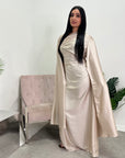 Seema Beige Satin Modest Dress With Cape Sleeves And Front Gathering