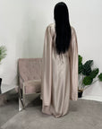 Seema Beige Satin Modest Dress With Cape Sleeves And Front Gathering