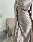 Seema Beige Satin Modest Dress With Cape Sleeves And Front Gathering