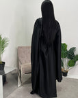 Seema Black Satin Modest Dress With Cape Sleeves And Front Gathering