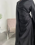 Seema Black Satin Modest Dress With Cape Sleeves And Front Gathering