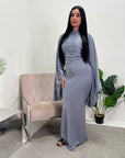 Una Grey Satin Tie Back Frill Sleeve Modest Dress