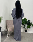 Una Grey Satin Tie Back Frill Sleeve Modest Dress