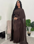 Fatima Chocolate Leaf Print Modest Dress With Scarf Drape