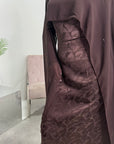 Fatima Chocolate Leaf Print Modest Dress With Scarf Drape
