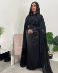 Fatima Black Leaf Print Modest Dress With Scarf Drape