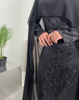 Fatima Black Leaf Print Modest Dress With Scarf Drape