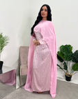 Fatima Pink Leaf Print Modest Dress With Scarf Drape