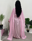 Fatima Pink Leaf Print Modest Dress With Scarf Drape