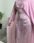Fatima Pink Leaf Print Modest Dress With Scarf Drape