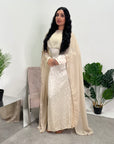 Fatima Cream Leaf Print Modest Dress With Scarf Drape