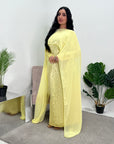 Fatima Yellow Leaf Print Modest Dress With Scarf Drape