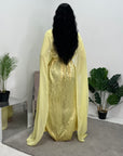 Fatima Yellow Leaf Print Modest Dress With Scarf Drape