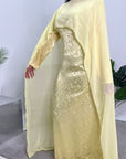 Fatima Yellow Leaf Print Modest Dress With Scarf Drape