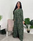 Mira Khaki Modest Abaya Dress With V-Neck And Floral Design