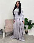 Amna Grey Satin Leaf Print Kaftan Dress