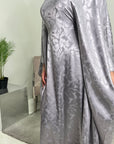 Amna Grey Satin Leaf Print Kaftan Dress