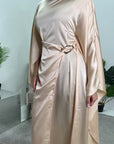 Rania Beige Modest Kaftan Dress With Gold Buckle