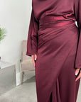 Asma Wine Satin Co-ord Set Wrap Around Skirt And Top