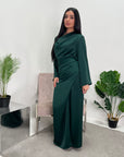 Asma Emerald Green Satin Co-ord Set Wrap Around Skirt And Top
