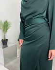 Asma Emerald Green Satin Co-ord Set Wrap Around Skirt And Top