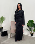 Asma Black Satin Co-ord Set Wrap Around Skirt And Top