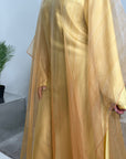 Amina Yellow Printed Mesh Overlay Modest Tie Dress