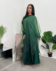 Amina Emerald Green Printed Mesh Overlay Modest Tie Dress