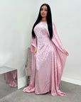 Amna Pink Satin Leaf Print Kaftan Dress