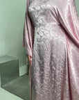 Amna Pink Satin Leaf Print Kaftan Dress
