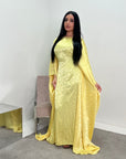 Amna Yellow Satin Leaf Print Kaftan Dress