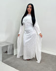 Fatima White Leaf Print Modest Dress With Scarf Drape
