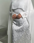 Fatima White Leaf Print Modest Dress With Scarf Drape
