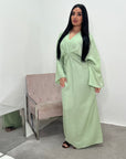 Disha Mint Summer Linen V-Neck Tie Dress