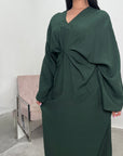 Disha Emerald Green Summer Linen V-Neck Tie Dress