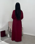 Alya Wine Summer Modest Dress with Tie Back and Gold Buckle